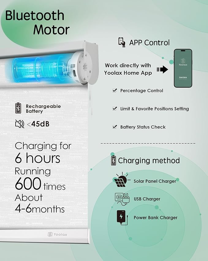 Yoolax Motorized Blinds App Control, Light Filtering Motorized Shades for Windows, Cordless Automatic Roller Shades for Bedroom Living Room Office(Light Filtering Jacquard White, 45" W x 72" H)