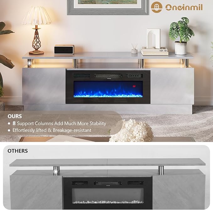 oneinmil 36" Electric Fireplace Integrated TV Stand - 70" 2-Tier Console for TVs up to 80", Ideal for Living Room Settings, Gray