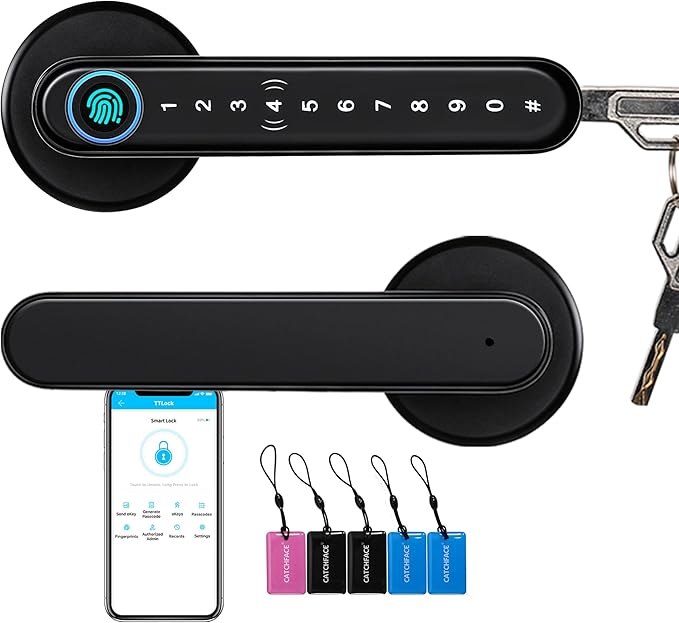 CATCHFACE Smart Fingerprint Lock - WiFi Enabled, Biometric Door Lock with Free App, Share Ekey and IC Card (Matte Black)