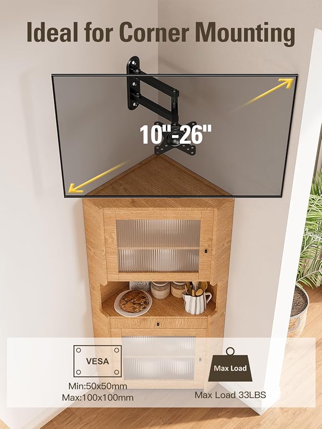 Mounting Dream UL Listed Full Motion Monitor Wall Mount TV Bracket for 10-26 Inch LED, LCD Flat Screen TVs and Monitors, TV Mount with Swivel Articulating Arm, Up to VESA 100x100mm and 33LBS MD2463