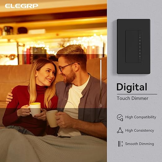 ELEGRP Dimmer Switch, Digital Dimmer Light Switch for LED Lights 150W, INC/HAL 450W, 3 Way LED Dimmer Switch, Needs Neutral Wire, Wall Plate Included, UL Listed, 6 Pack, Matte Black