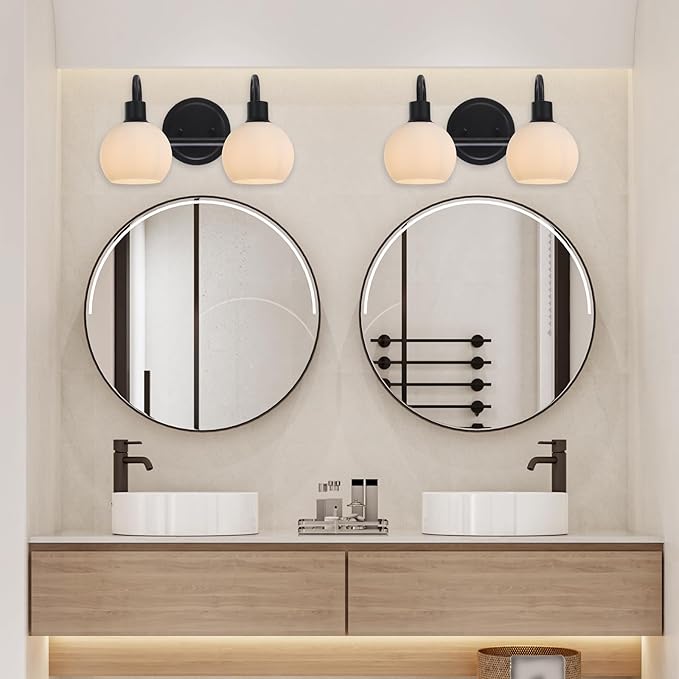 WINSHEN 2-Light Black Bathroom Light Fixture, Milk White Globe Wall Sconce Lamp for Hallway Bedroom Foyer Cabinets, Modern Vanity Lights E26 Socket