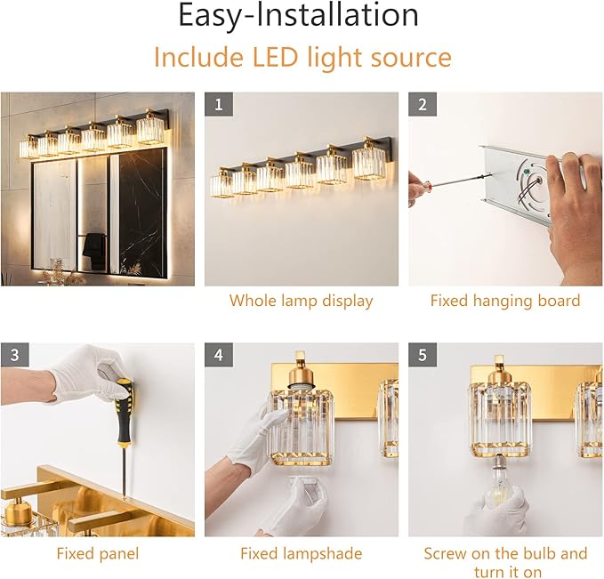 FDPBY Modern Bathroom Vanity Light 6-Lights Black Gold Crystal Bathroom Wall Light Vanity Light Fixtures，44.09-inch Modern Minimalist Design