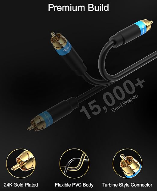 BlueRigger RCA Audio Subwoofer Cable (6FT - 2 Pack, Dual Shielded with Gold Plated RCA Connectors) – for Subwoofer, Amplifier, Home Theater