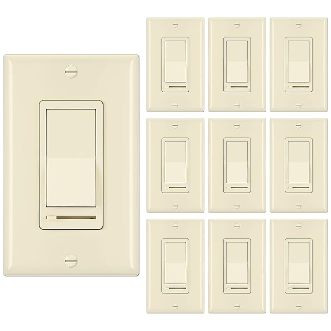 BESTTEN 10 Pack Almond Dimmer Light Switch, 3 Way or Single Pole Dimmer Switches, for Dimmable LED, Halogen and Incandescent Bulbs, 120V, Decorator Wall Plate Included, UL Listed