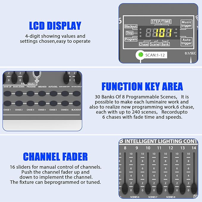 Wiwreenm DJ Controller 384CH Fog DMX-512 DJ Controller Support 30 Banks 8 Scenes 24 fixtures Stage Lighting Console for Program Editing of DJ Lights Show Bar Club Live