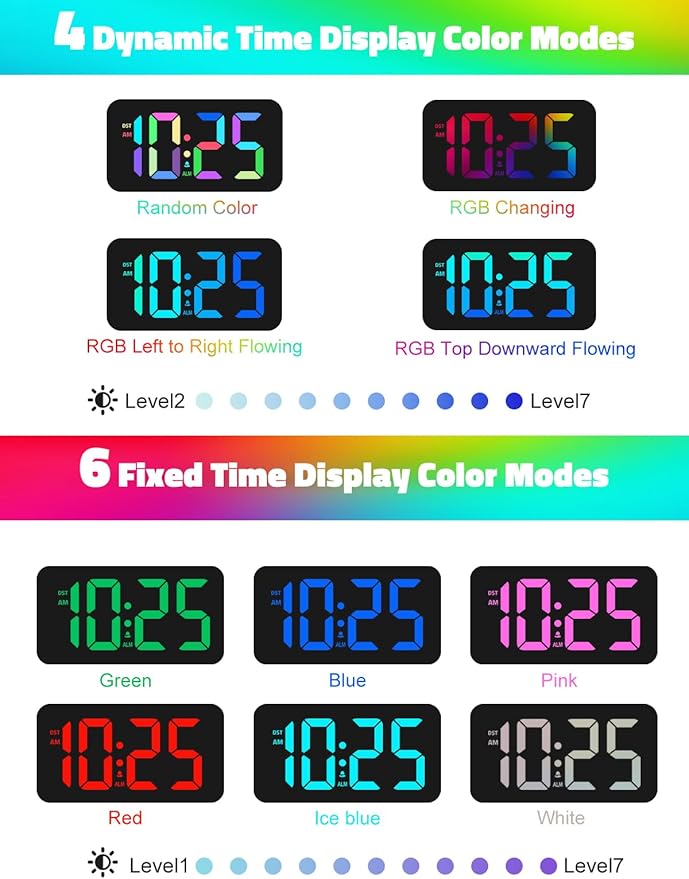 Mesqool Digital Alarm Clock for Bedrooms - Plug-in LED Clock with Dynamic RGB Digits, Dimmable Display & Night Light, 7 Color Options, Adjustable Alarm Volume, DST, 12/24 Hour - Ideal for Kids