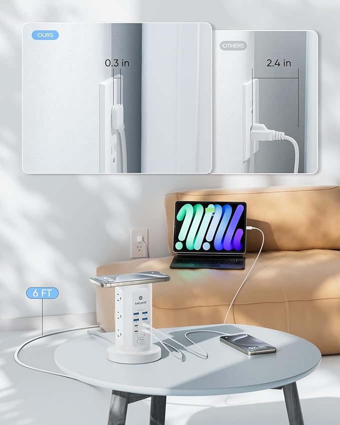 Kakyanill 115W USB Charging Station, Surge Protector Power Strip Tower, 9 AC Outlets with 8 USB Ports(4 USB-C), 6Ft Flat Plug Retractable Extension Cord, for Home Office Dorm, White