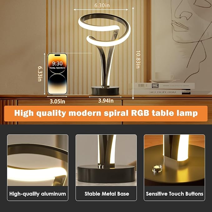 airnasa Spiral LED Table Lamp Set of 2-10 Color Modes, Touch Dimming, Modern Nightstand Lights for Bedroom & Living Room