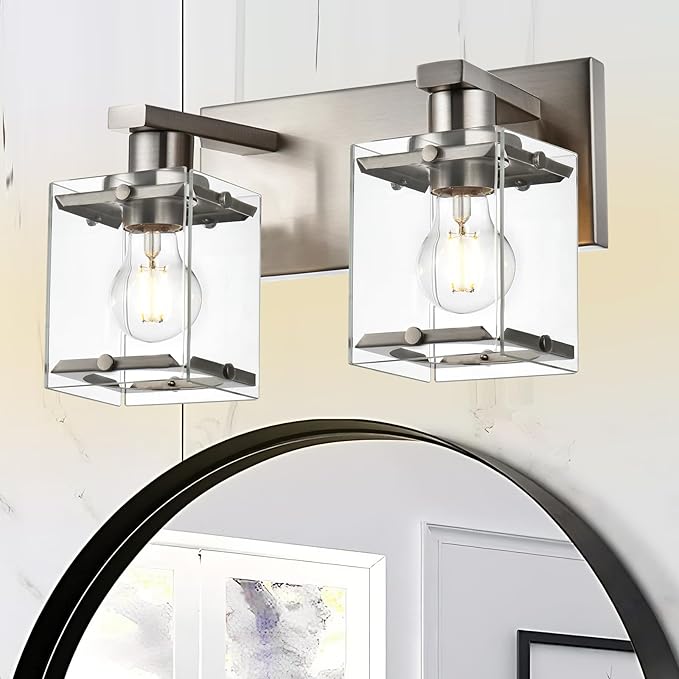 WINSHEN 2-Lights Wall Sconce Lighting E26 Bulb Base, Modern Brushed Nickel Bathroom Vanity Light for Over Mirror Bedroom Cabinet, Wall Light Fixtures with Clear Glass Shades