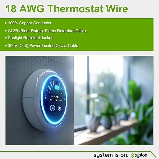 Syston 18/2 Thermostat Doorbell HVAC Heating Control Cable Wire, 18 AWG 2 Conductors 100% Solid Copper Conductors CL3R/FT4/CMR Riser-Rated, UV Resistant RoHS for Low Voltage Applications Use