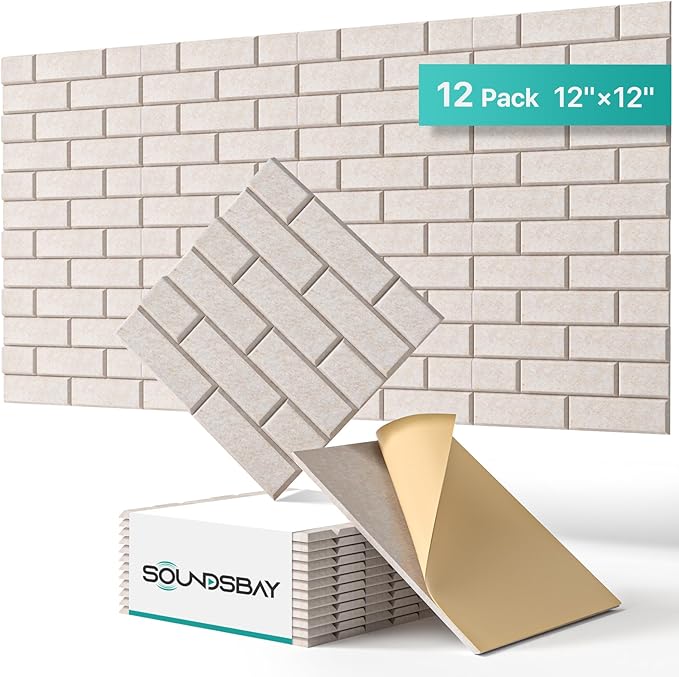 Soundsbay Acoustic Wall Panels, Self Adhesive Acoustic Panels, 12 Pack Brick Soundproof Wall Panels High Density Sound Panels for Walls, Office,Reccording Studio, Ceiling 12" X 12" X 0.4" Beige
