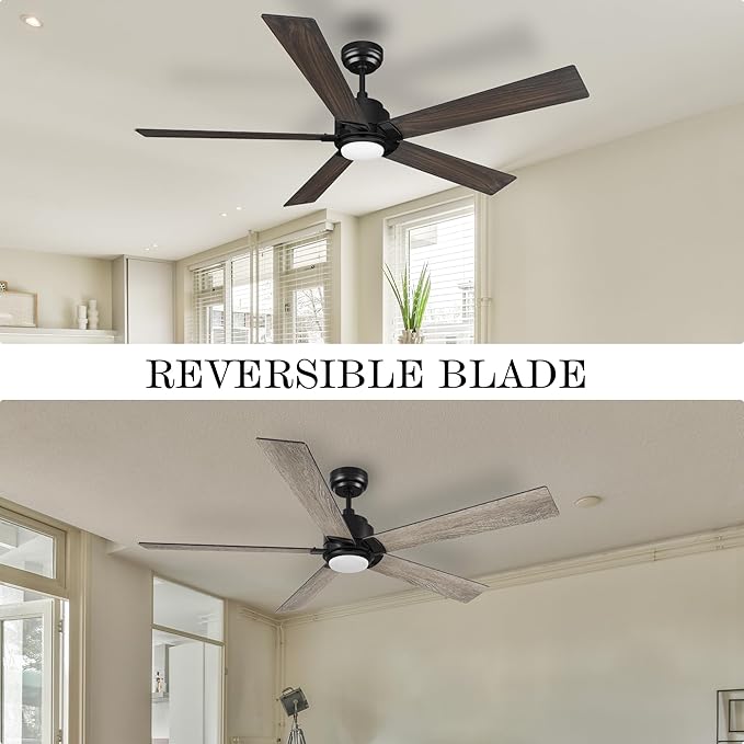 SMAAIR Smart Ceiling Fans with Lights and Remote, 60 Inch Low Profile Ceiling Fan with Dimmable LED Light, 10-Speed Reversible DC Motor Compatible with Alexa/Google Assistant/Siri (Walnut/Light Wood)