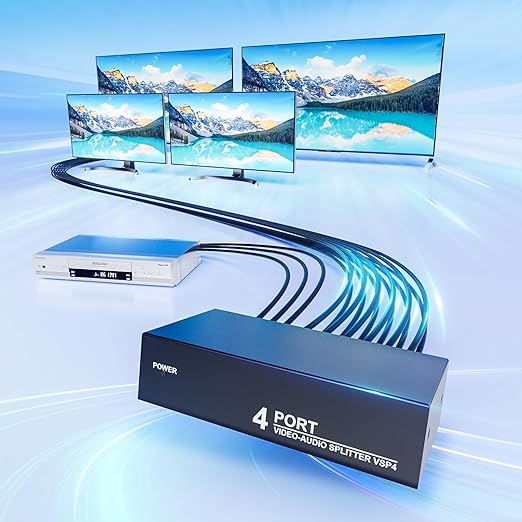 3 RCA Splitter Box 1 in 4 Out, 4 Way Composite RCA AV Distribution Duplicator 1x4, 1 Female to 4 Female, w/Power, Plug&Play, Strong, for Wii PS2 Xbox STB DVD C-VBS