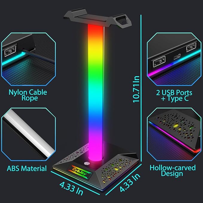 CybJoy Gaming Headphone Stand PC Accessories - RGB Headset Stand with 2 USB and 1 Type-C Ports, LED Headphone Stand Gift for Boys Men, Computer Game Accessories for Desk