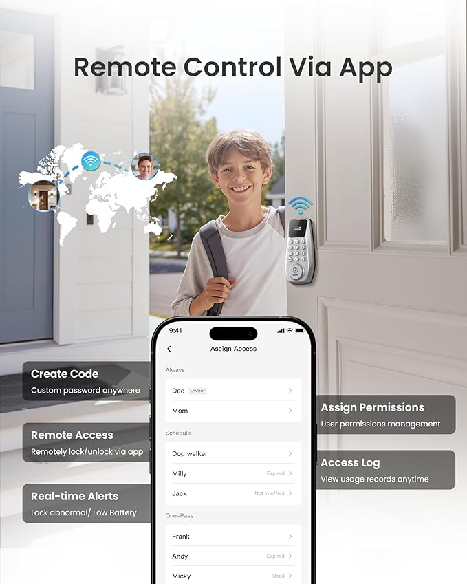 DESLOC C100 Plus Built-in WiFi Smart Lock, Keyless Entry Door Lock with Display, Keypad Deadbolt for Front Door, App Remote Control, Anti-Peeping Password, BHMA Grade 3, Silver