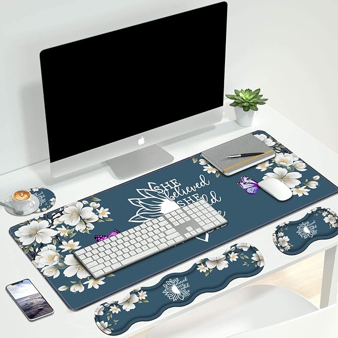 Ergonomic Keyboard Wrist Rest & Mouse Pad Wrist Rest Set, She Believed She Could So She Did Inspirational Quote Large XXL Gaming Desk Mat 31.5"x 11.8" with Non-Slip Base for Home Office Study Gaming