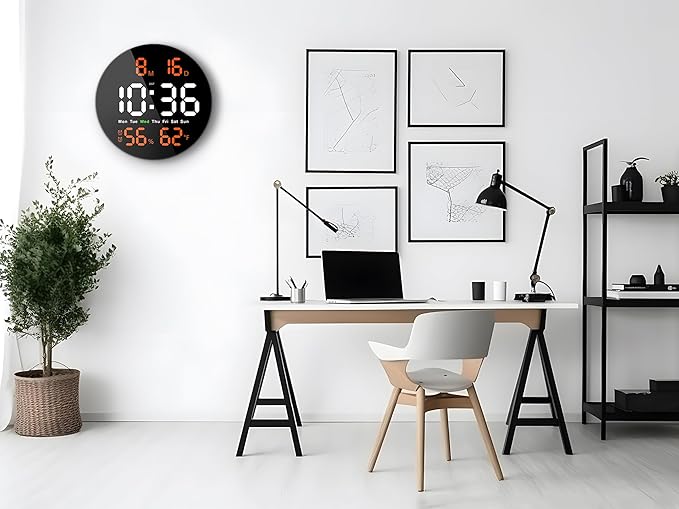 Brauthon Large Digital Clock for Classroom, Digital Classroom Clocks for Teachers, 10" Round LED Clock with Large Display，Date, Countdown Timer, Remote Control, Temperature, Electric (Orange)