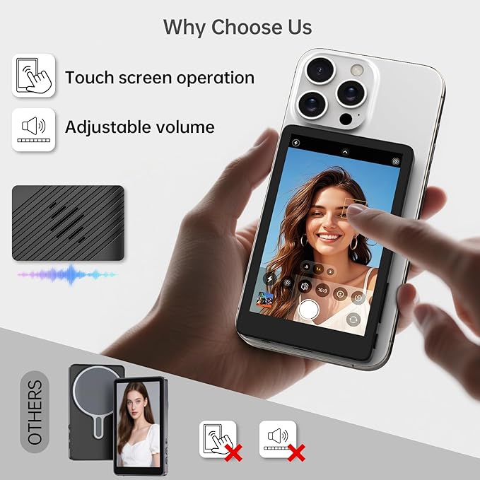 Vlog Selfie Monitor Screen for iPhone 16 and Below, Young Master Magnetic Touchscreen Monitor, 4K 60fps, Audio Sync, 4in Back Camera Monitor for Youtube Tiktok Video Recording, Compatible with Android
