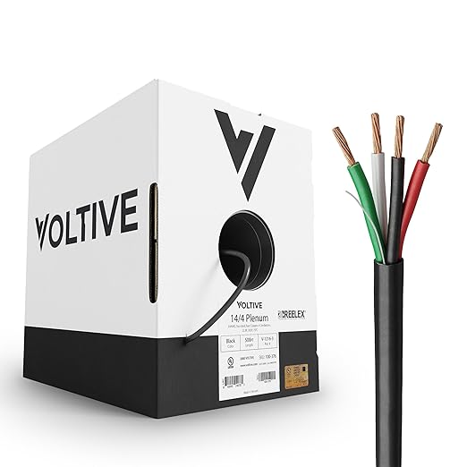 Voltive 14/4 Speaker Wire, Plenum CL3P, Black, 500ft - 14AWG, 4 Conductors, Stranded Oxygen-Free Copper, UL Listed - V-1216-3