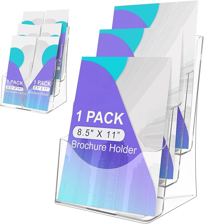AMGSH 3 Tier Brochure Stand - Acrylic Literature Holder with Removable Divider for 4' x 9' Brochure, Clear Flyer Holder Pamphlet Display Stand