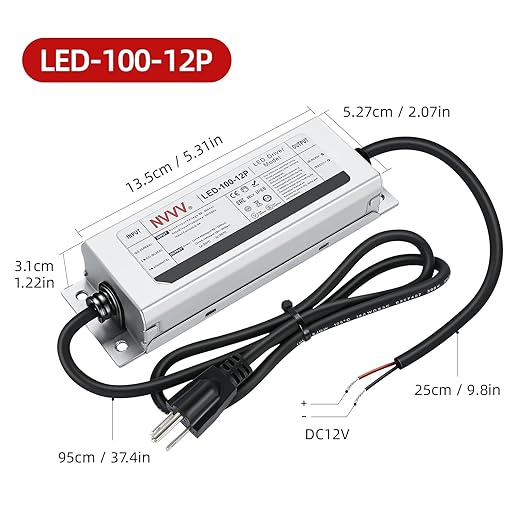 12V LED Driver 100W Waterproof IP68 Power Supply Low Voltage Transformer Adapter AC 100V-120V to 12V DC Converter for LED Lights for Bedroom, Indoor Outdoor Lighting Built-in Active PFC Function