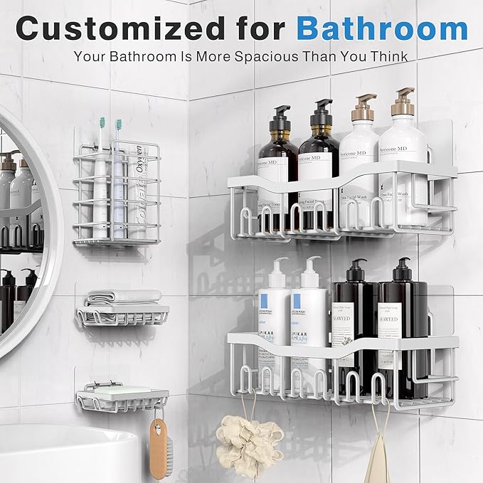 EUDELE 5-Pack Rustproof Stainless Steel Shower Caddy – No Drill Adhesive Bathroom Organizer with Large Capacity, Spacious Shower Shelves for Inside Shower, Kitchen & Home Decor Storage-XL Size
