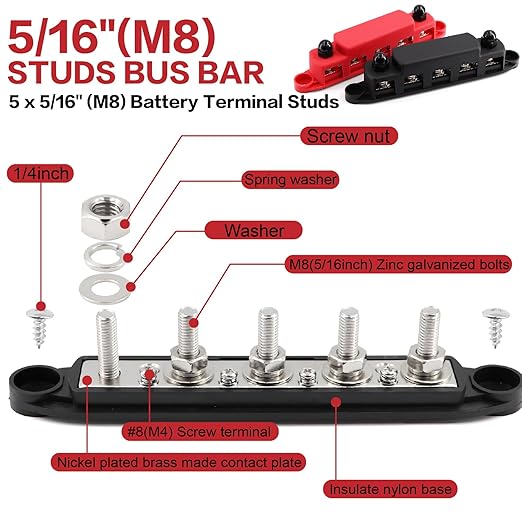 Tuijodaix 300A Bus Bar 5 Post 12V-48V DC Power Distribution Block,5 * 5/16"(M8) Battery Terminal Studs with Cover and Wire Lugs for Wiring,Automotive,Marine,Battery busbar (Red&Black)