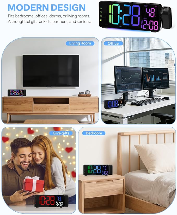 EVILTO Projection Alarm Clocks, RGB Desk Clock with 180° Rotatable Projector 15 Color Display, Date Temperature and Weekday, DST, Snooze, Ambient Lighting for Living Room,Bedroom Bedside Office Decor