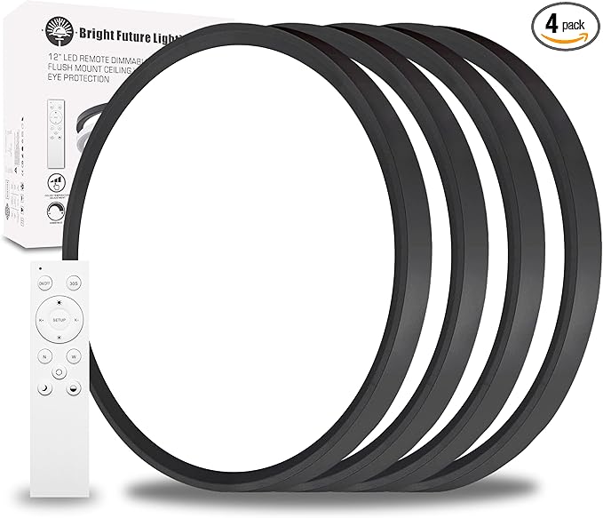 4Pack 12 Inch Remote Control Dimmable LED Flush Mount Ceiling Light Panel,24W 2520LM,2700K-6000K Adjustable Color,Ultra Thin Round Black Ceiling Light Fixture for Hallway Kitchen Bedroom Home Office