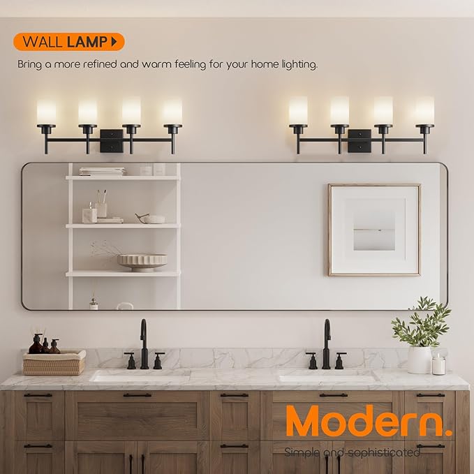 AONEON Wall Light Fixtures 4-Light Over Mirror, Matte Black Vanity Lights with White Frosted Glass Shade, Wall Sconces for Bathroom Kitchen T001MB-L4