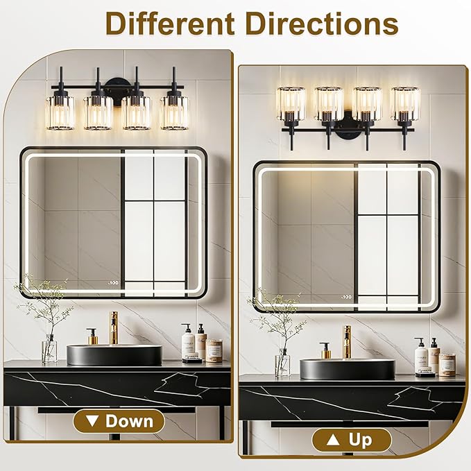 EJIAXIN 4 Light Round Crystal Vanity Lights, Modern Black Crystal Wall Light Bath Mirror Light Fixture Over Mirror Bathroom Wall Sconces for Bathroom Living Room