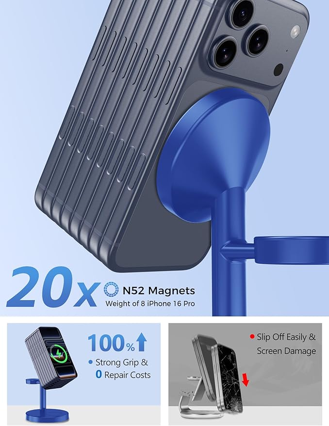 Aeinidi 2026 3 in 1 Wireless Charging Station Compatible with MagSafe, 15W Fast Magnetic Mag-Safe Charger Stand for Apple iPhone 17 16 15 14 13 12 iWatch AirPods Pro 4 3 2, Blue