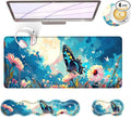 BFUKVOU Large Keyboard Mouse Pad Set, Extended Mouse Pad+Keyboard Wrist Rest Support, Memory Foam Ergonomic Easy Typing, 4Pcs (31.5×11.8 in) Desk Pad Set for Office Home,Flowers and Butterflies