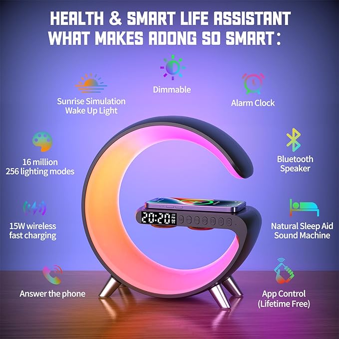 Smart Table Lamp, 15W Wireless Charger Station with LED Atmosphere Lamp, Bedside Night Light, Alarm Clock, Bluetooth Speaker with App Control for Home Decor, Gift for Girls Boys for Birthday Christmas