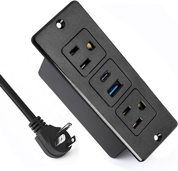 Havorbit 20W Recessed Power Strip USB, 2 AC Outlets + 1 USB-C + 1 USB-A Ports, 6ft Cord, Space Saving Furniture Outlet for Desk/Bedside/Kitchen/Drawer (18W USB-A & 20W USB-C Fast Charge)