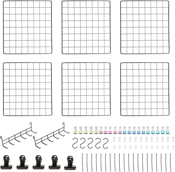 Feadily 6 Pack Metal Grid Panel, 13.8" x 13.8" Black Wire Grid Wall Organizer for Photos, Notes & Decor, Include 2 Hook Racks
