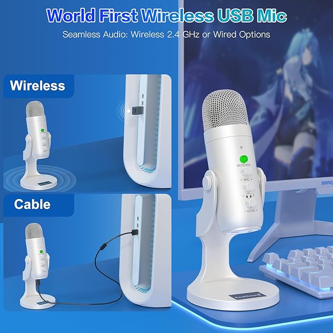 ZealSound Wireless Microphone,USB Mic for iPhone PC iPad Android Phone-Cordless Condenser Desktop Microphones with Mute Echo Monitor Volume Gain 2.4GHz for Podcast,ASMR,Gaming,YouTube Video/K66 White