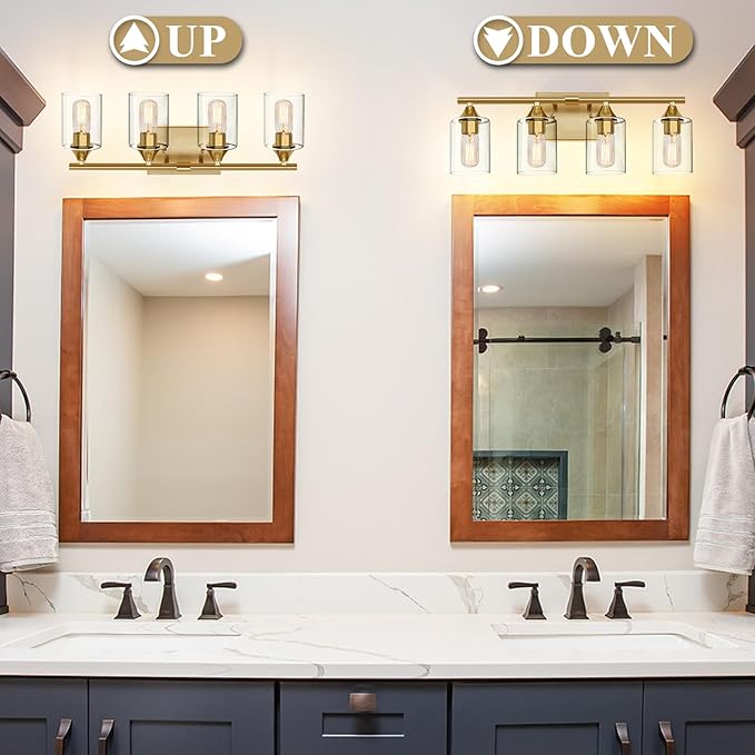 XPEHK Brushed Gold Vanity Light,4 Light Gold Bathroom Light Fixtures,Bathroom Lights Over Mirror with Clear Glass Shade,Modern Wall Lighting for Mirror Bedroom Vanity Hallway