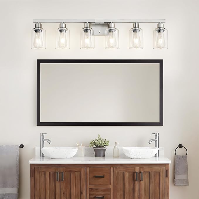 DIKAIDA Bathroom Vanity Light, 6-Light Nickel Modern Matte Wall Sconce Lighting with Clear Glass Shade, Wall Lights,Bath Vintage Wall Mounted Lamps for Mirror Bedroom Living Room