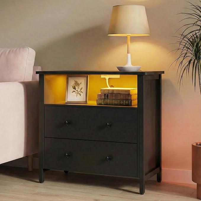 Tykacna 27 Inch Wide Night Stand, Large Wood Night Stand Set 2 with 2 Drawers, LED Nightstand with Charging Station and Adjustable Drawer, Bedside Table for Living Room/Bedroom/Study/Office, Black.