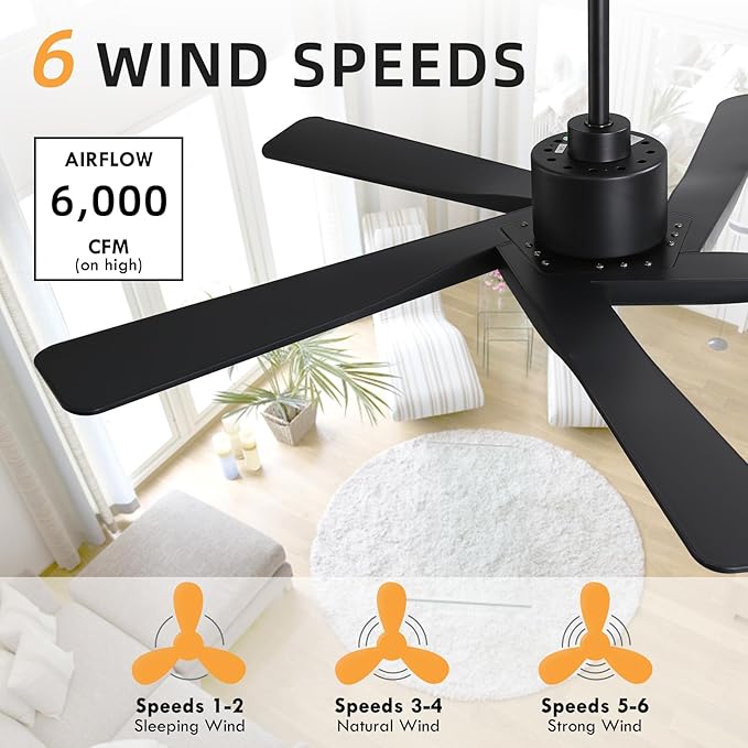 WINGBO 54" ABS DC Ceiling Fan No Light, 5 Blade ABS Plastic Ceiling Fan with Remote, 6-Speed Reversible DC Motor, Ceiling Fans without Light for Kitchen Bedroom Living Room, Matte Black