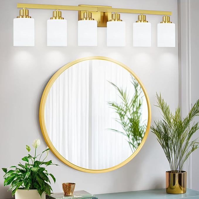 DIKAIDA 6 Light Gold Bathroom Vanity Light, Gold Bathroom Light Fixtures, 38" Modern Brushed Gold Vanity Lighting Fixtures for Bathroom Over Mirror, Gold Sconces Wall Lighting for Bedroom Living Room