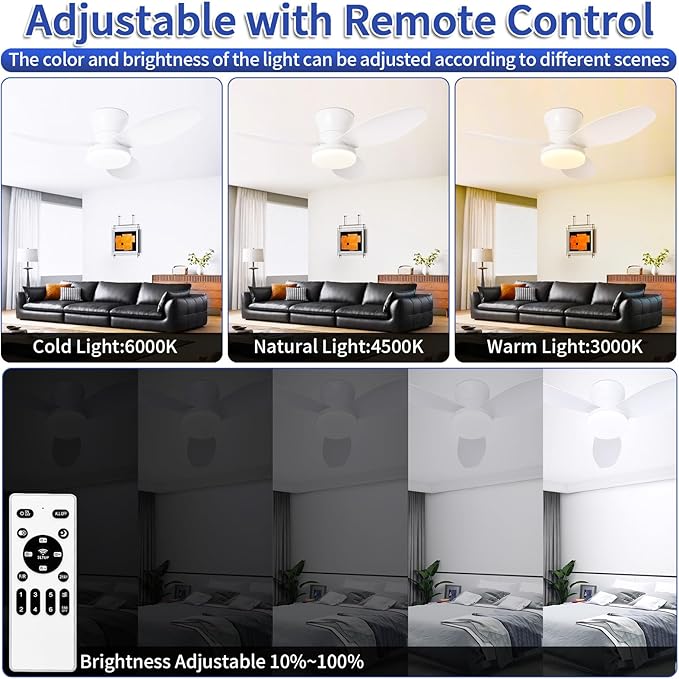 Glowall Small Ceiling Fan with Lights, 32 Inch Flush Mount with Remote Control, Reversible Quiet DC Motor, White, 3 Blades, 6 Speeds, Dimmable LED, Adjustable Color Temperature, Timer