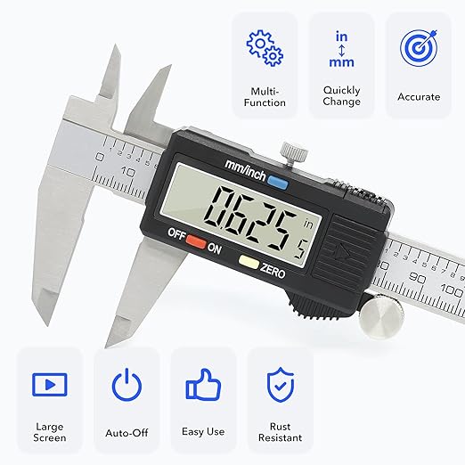 Digital Caliper Precise Measuring Tool, Vizbrite 6 inch Stainless Steel Electronic Vernier Calipers with Auto-Off Large LCD Screen, Accurate to ±0.001in/0.01mm, Easy Use Caliper
