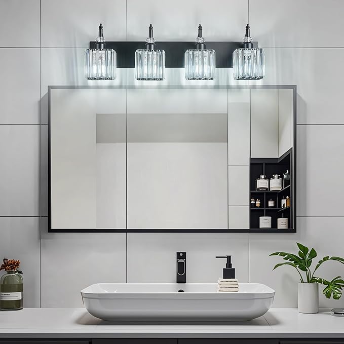 BBLLWJ Modern Bathroom Vanity Light 4-Light Black Crystal Light Fixtures Over Mirror for Bathroom Wall Sconce
