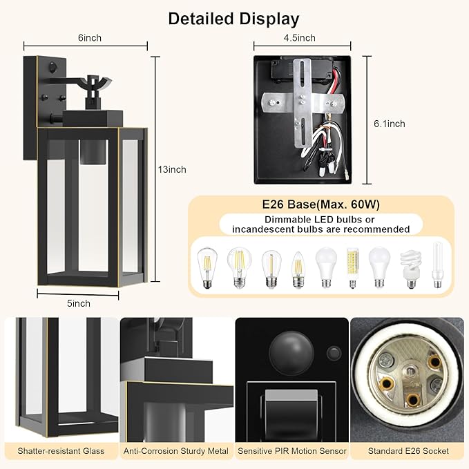 LTBLIGHT 2-Pack Motion Sensor Outdoor Porch Lights, Vintage Black-Gold Dusk to Dawn Exterior Lighting Fixtures, Waterproof Wall Sconces with 3 Modes for House, Yard, Garage, Garden