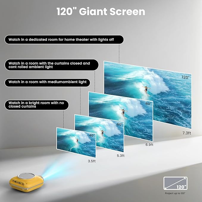 HOMPOW Mini Projector with Two -Way Bluetooth, Portable Projector for Home Theater Use, Support 1080P for Outdoor Projector/Movie Projector Compatible with HDMI, USB, Laptop, TV Stick (Yellow)