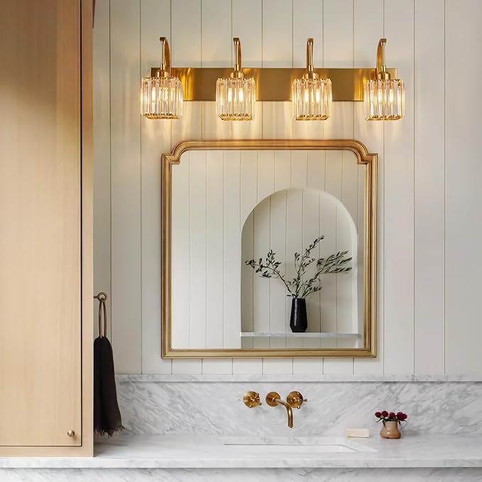 FDPBY Crystal Vanity Lights 4-Light Gold Bathroom Vanity Lights Modern Crystal Bathroom Light Fixtures Over Mirror 32.67" Long Vanity Light for Bathroom