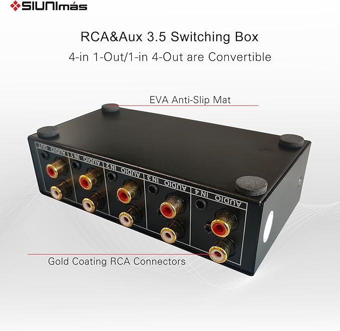 SIUNIMAS 4-in 1-Out RCA and 3.5mm Aux Audio Receiver Switching Box 4 Channels Audio Converter Passive Audio Selector Switch Box 1-in 4-Out (S401-RCA AUX)